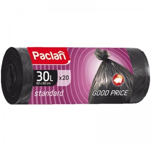 Пакеты для мусора 30л, Paclan Standard (45x55см, 7,3мкм, черные) 20шт. в рулоне (163457)