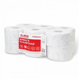 Бумага туалетная для диспенсера 2-слойная Лайма Premium T2, белая с цв. тиснением, 12 рул/уп (112516)