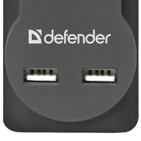 Сетевой фильтр Defender DFS-753, 5 розеток, 2 разъема USB, 3м, черный (99753)