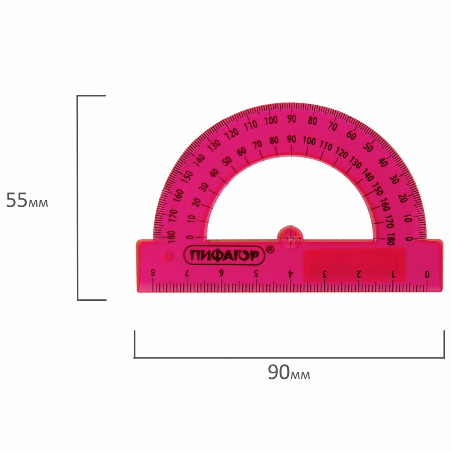 Транспортир 8см, 180° Пифагор, прозрачный неоновый (210792)