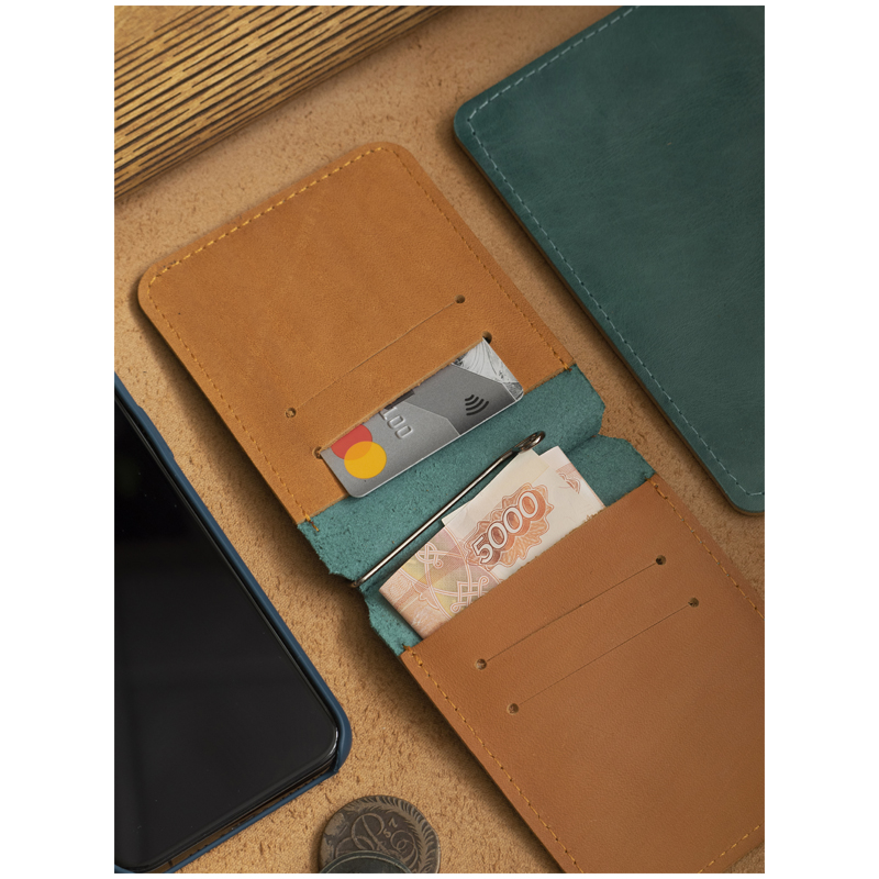 Зажим для банкнот Кожевенная мануфактура, бирюза+светло-коричневый, в деревянной упаковке (Zhm_11112)