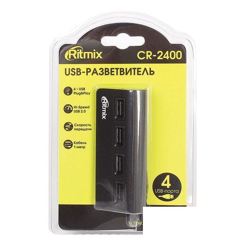 Разветвитель (хаб) USB Ritmix CR-2400, на 4 порта, черный (15118095)