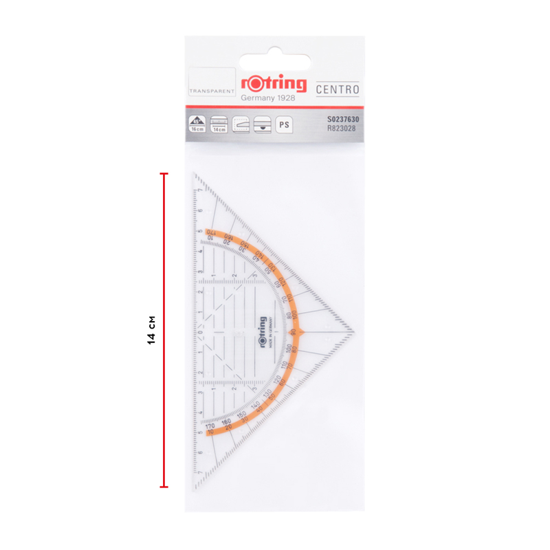 Треугольник-транспортир 45°, 14см Rotring Centro, прозрачный, европодвес (S0237630), 500шт.