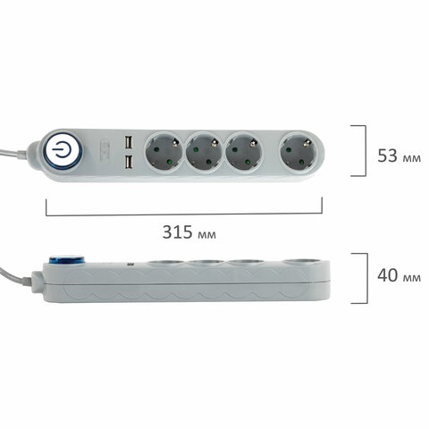 Сетевой фильтр Sonnen DX04, 4 розетки, 2 USB-порта, с заземлением, 1,8м, серый (513493)