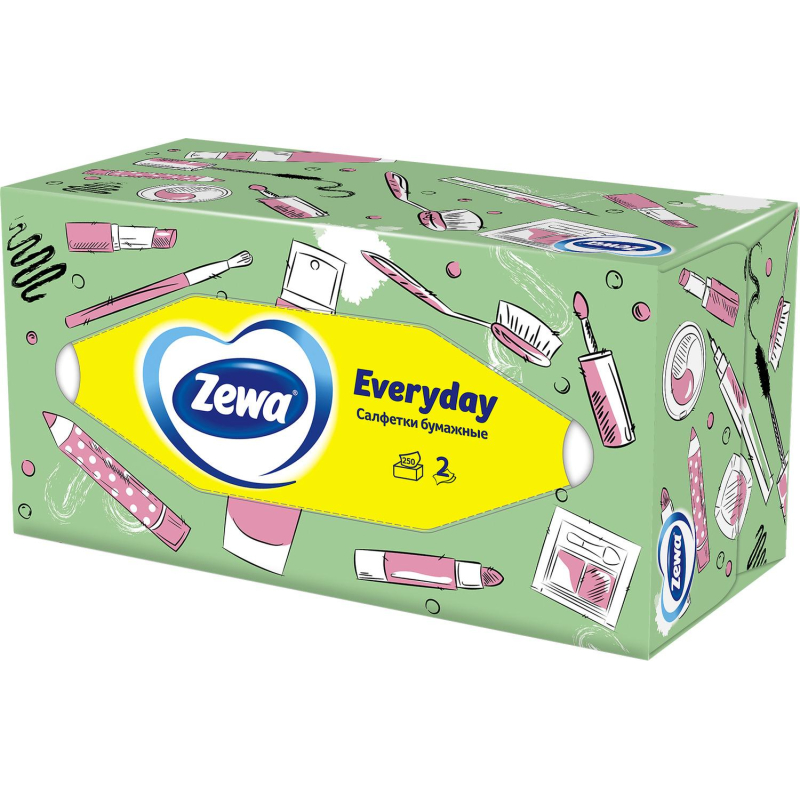 Салфетки косметические 20х20.5см, 2-слойные Zewa Everyday, белые, 250шт. (8679)