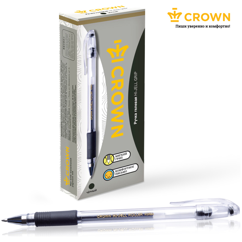 Ручка гелевая Crown Hi-Jell Grip (0.35мм, черный, резиновая манжетка) 12шт. (HJR-500R)