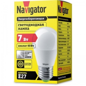 Лампа светодиодная Navigator (7Вт, E 27 шарообразная) нейтральный белый, 1шт.