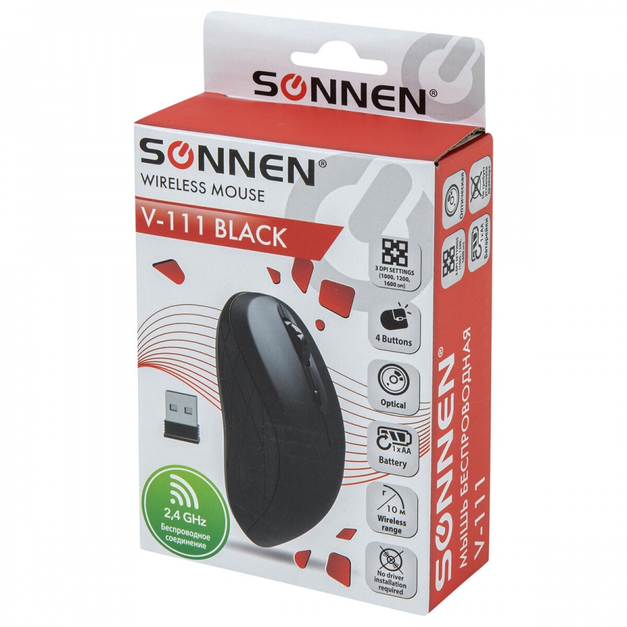 Мышь оптическая беспроводная Sonnen V-111, USB, 4 кнопки, оптическая, черная (513518)