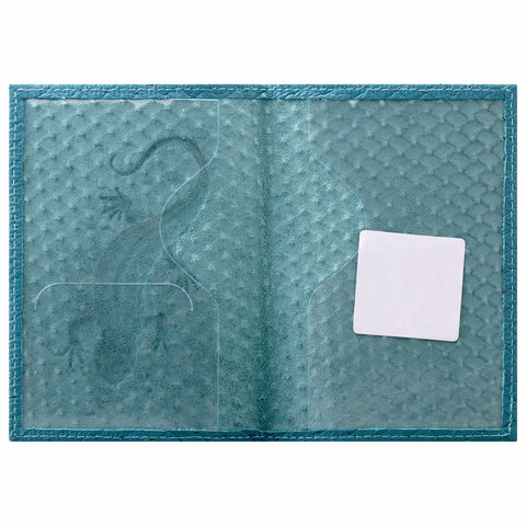 Обложка для паспорта Staff, натуральная кожа плетенка, с ящерицей, бирюзовая