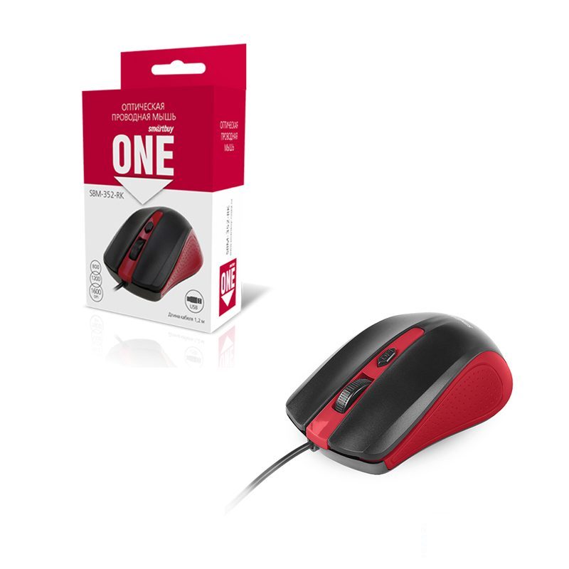 Мышь оптическая проводная SmartBuy ONE 352, USB, красная и, черная, 3 кнопки+колесо (SBM-352-RK)