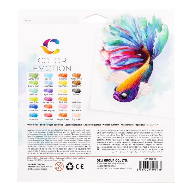 Карандаши акварельные 24 цвета Deli Color Emotion (L=175мм, d=3мм, 3гр) с кистью