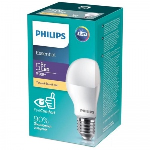 Лампа светодиодная Philips (5Вт, E27, грушевидная) теплый белый, 1шт.