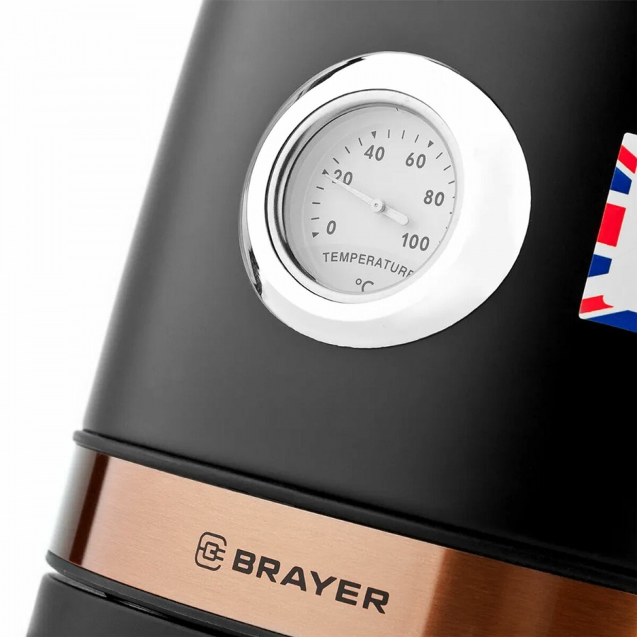 Чайник электрический с термометром Brayer BR1005BK, 2200Вт, сталь, черный
