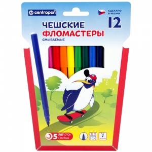 Набор фломастеров 12 цветов Centropen "Пингвины" (линия 1-2мм, смываемые) пвх-упаковка (7 7790 1286), 200 уп.