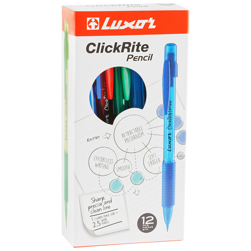 Карандаш механический Luxor ClickRite (0.5мм, с ластиком, грип, разные цвета корпуса) 12шт. (15600/12 Box)