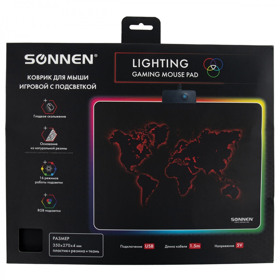 Коврик для мыши игровой Sonnen Lighting, резина+ткань, с подсветкой, черный (513316)