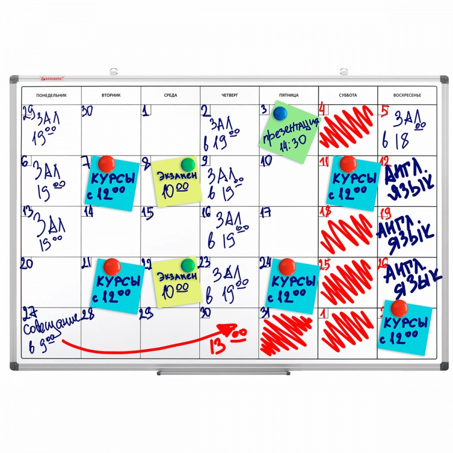 Доска-планинг на месяц магнитно-маркерная Brauberg (90x60см, алюминиевая рама) (237564)