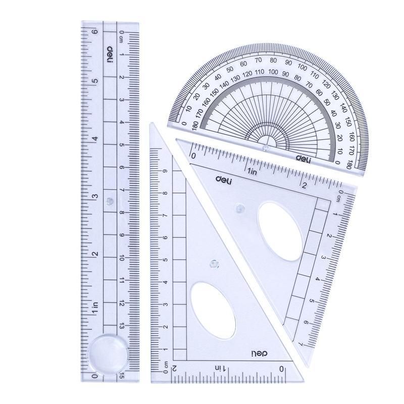 Набор чертежный Deli E9597 (линейка 15см, угольники 10 и 7см, транспортир 8см) прозрачный