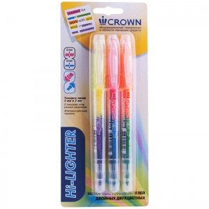 Набор маркеров-текстовыделителей двусторонних Crown Multi Hi-Lighter Twin (3/2мм, 6 цветов) 3шт. (H2-1000-B/3), 48 уп.