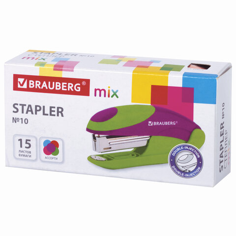 Степлер Brauberg MIX, №10, до 15 листов, с резиновыми вставками, цветной, 4шт. (229076)
