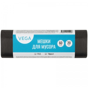 Пакеты для мусора 60л Vega (58x65см, 6мкм, черные) ПНД, 20шт., в рулоне (344025)