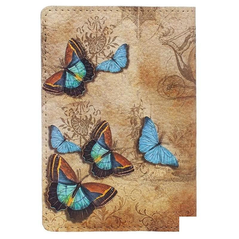 Обложка для паспорта Eshemoda Голубые бабочки, натуральная кожа, коричневая (1089)