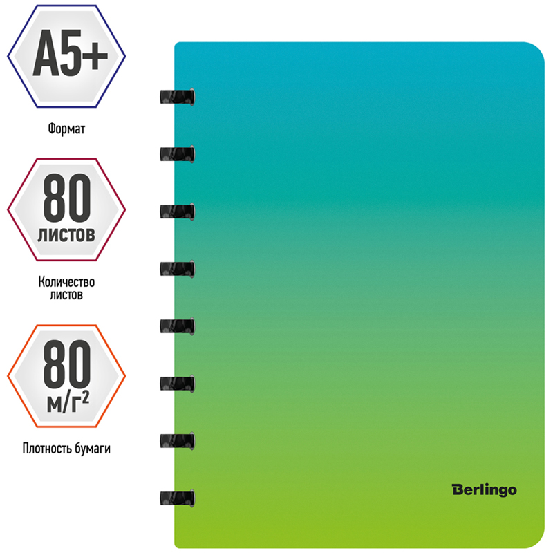 Бизнес-тетрадь А5 Berlingo Radiance, 80 листов, клетка, на кольцах, возм. замены блока, линейка-закладка, голуб./зеленый