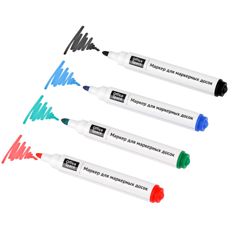 Набор маркеров для белых досок OfficeSpace (круглый наконечник, 3мм, 4 цвета) 4шт., чехол с европодвесом (WBM4_85457)