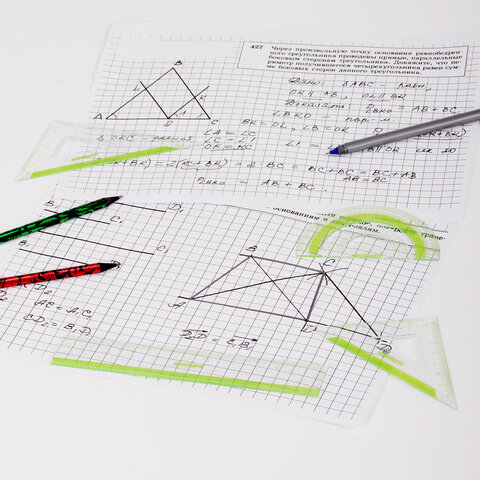 Набор чертежный малый Юнландия &quot;Геометрия&quot; (треугольники 2шт., линейка 18см, транспортир), зеленая шкала, 8 уп. (210740)