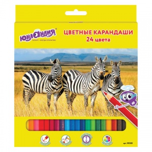 Карандаши цветные 24 цвета Юнландия "Мир животных" (L=176мм, d=3мм, 6гр) пласт.тубус (181385)