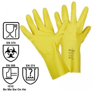 Перчатки защитные латексные Manipula Specialist "Блеск", х/б напыление, размер 9-9,5 (L), желтые, 12 пар (L-F-01)