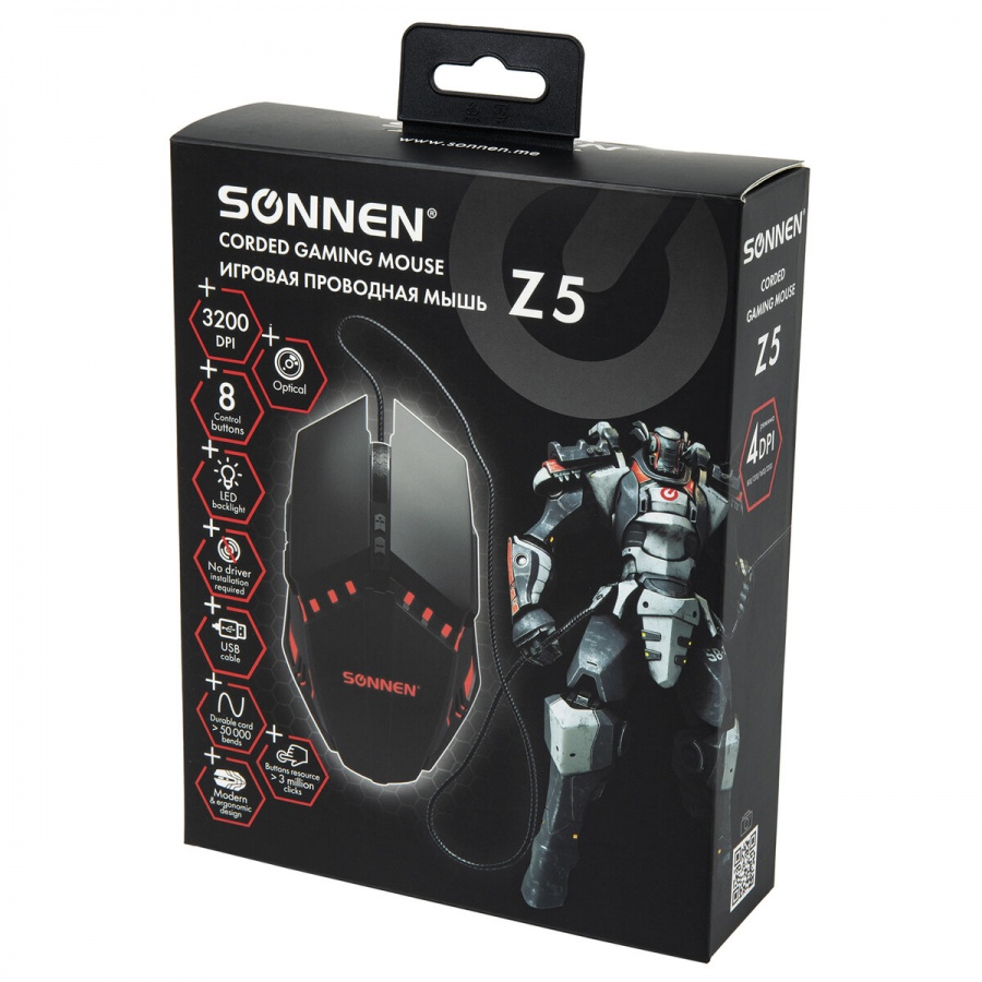 Мышь оптическая проводная игровая Sonnen Z5, металл/пластик, 7 кнопок, черная (513521)