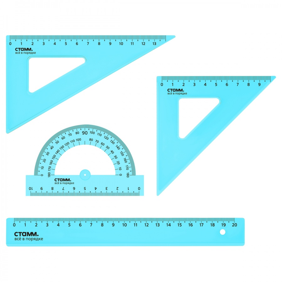 Набор чертежный Стамм, размер M (линейка 20см, 2 треугольника, транспортир), прозрачный, неон (НЧ-30521)