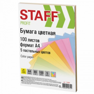 Бумага цветная А4 Staff color пастель, 5 цветов по 20 листов, 80 г/кв.м, 100 листов (110889)