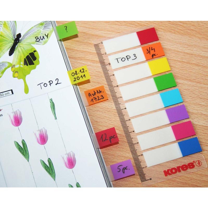 Клейкие закладки пластиковые Kores, 8 цветов по 15л., 12х45мм, на линейке (45121), 24 уп.