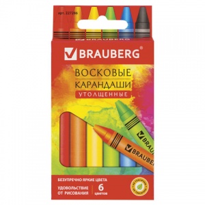 Карандаши восковые 6 цветов Brauberg "Академия" (D=11мм, трехгранные, утолщенные) (227286), 24 уп.