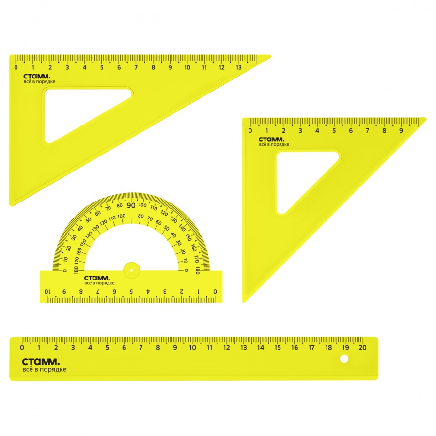 Набор чертежный Стамм, размер M (линейка 20см, 2 треугольника, транспортир), прозрачный, неон (НЧ-30521)