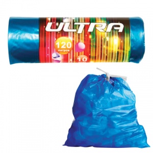 Пакеты для мусора 120л, КБ "Ultra" (70x110см, 30мкм, синие) ПВД, 10шт. в рулоне, с завязками (1725)