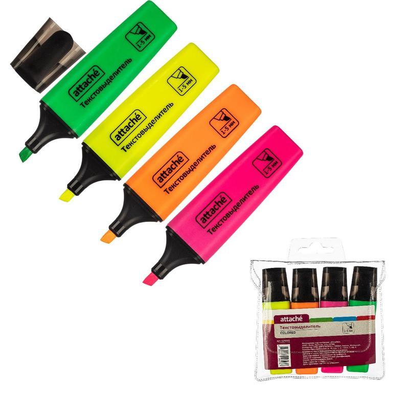 Набор маркеров-текстовыделителей Attache Colored (1-5мм, розовый/зеленый/желтый/оранжевый) 4шт.
