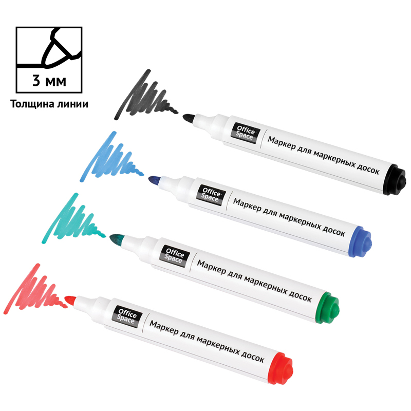 Набор маркеров для белых досок OfficeSpace (круглый наконечник, 3мм, 4 цвета) 4шт., чехол с европодвесом (WBM4_85457)