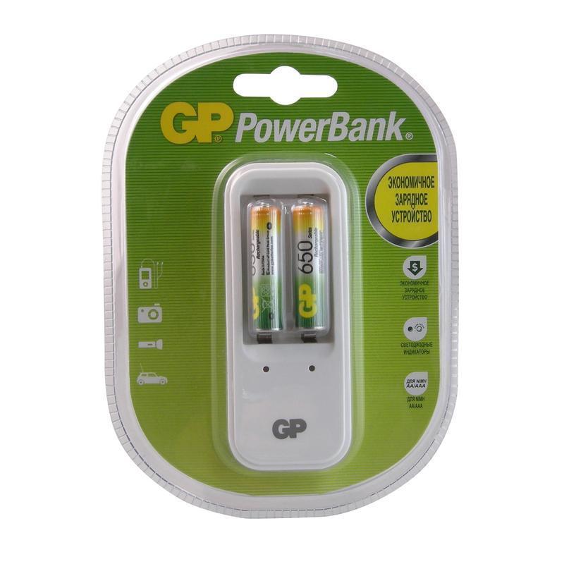 Зарядное устройство GP PowerBank PB410 (650 mAh, Ni-MH) 2 отсека AA/AAA (+2 аккумулятора ААА, 650mAh) (PB410GS65-2CR2)