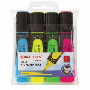 Набор маркеров-текстовыделителей Brauberg Super (1-5мм, 4 цвета, прорезиненный корпус) 4шт., 4 уп. (151746)