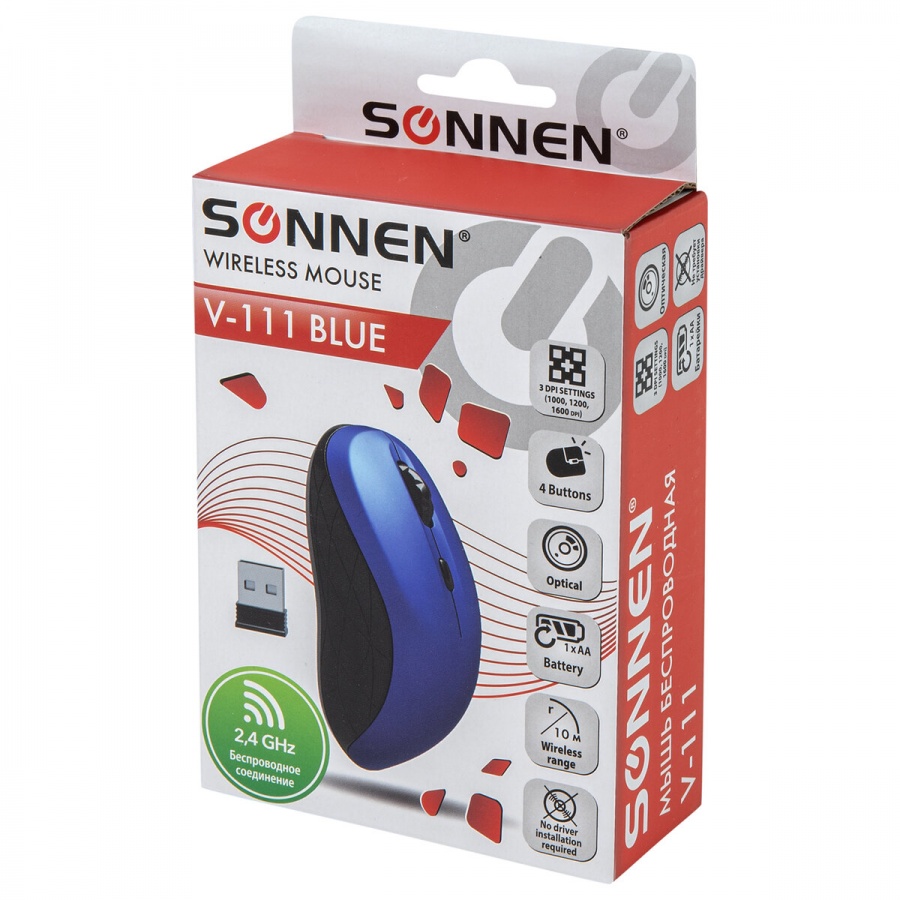 Мышь оптическая беспроводная Sonnen V-111, USB, 4 кнопки, оптическая, синяя (513519)