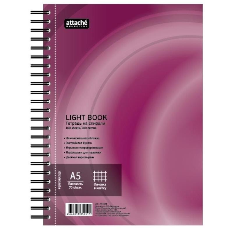 Бизнес-тетрадь А5 Attache Selection LightBook, 100 листов, клетка, на спирали, бордовая