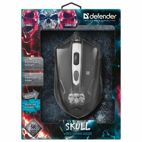 Мышь оптическая проводная игровая Defender Skull GM-180L, USB, 5 кнопок + 1 колесо-кнопка, черная, 2шт. (52180)