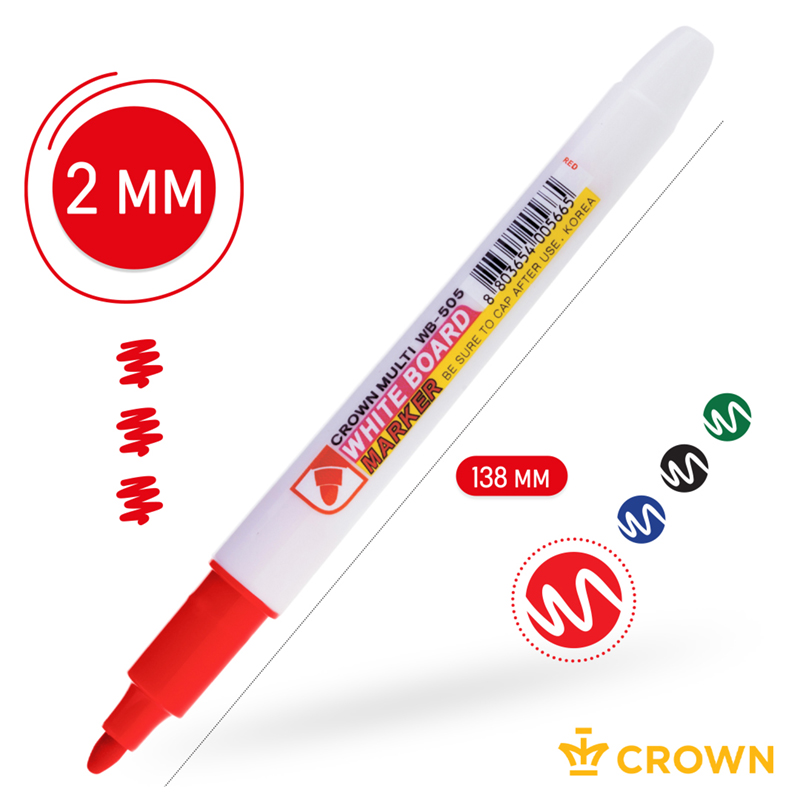 Маркер для досок Crown Multi Board Slim (круглый наконечник, 2мм, красный) (WB-505)