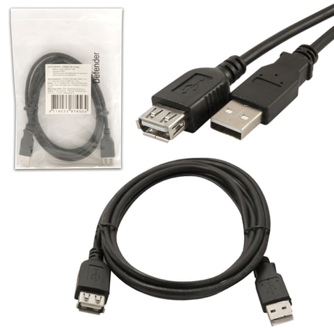Кабель-удлинитель USB2.0 Defender USB02-06, USB-A (m) - USB-A (f), 1.8м, черный (87456), 25шт.
