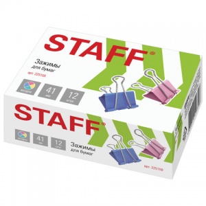 Зажимы для бумаг металлические Staff (41мм, до 200 листов, цветные) в картонной коробке, 12шт. (225159)