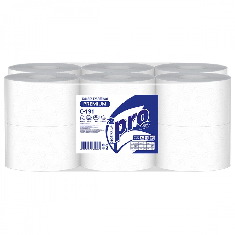Бумага туалетная 2-слойная PROtissue T2 PREMIUM, белая, 170м, 12 рул/уп (С191)