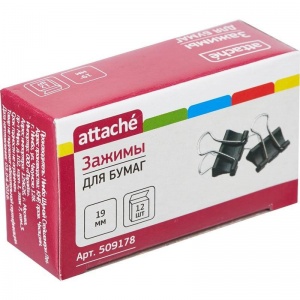 Зажимы для бумаг металлические Attache (19мм, до 80 листов, черные) картонная упаковка, 12шт.